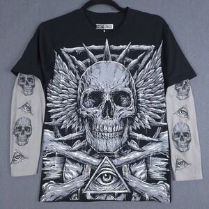Thirty Single Two Layer Y2K Shirt‎ Mens Small Black Skull AOP Illuminati Grunge